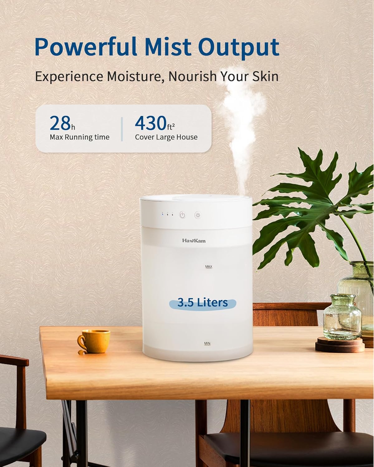 Hawkam 3.5L Cool Mist Humidifiers for Bedroom Auto Shut-off, BPA-Free & 28H Runtime