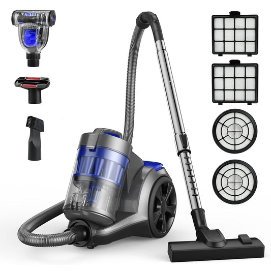 HawKam CA033 Canister Vacuum Cleaner, Bagless Vacuum Cleaner, Multi-Cyclonic Filtration, 2 Anti-Allergen HEPA Filters, 3.5QT Dust Cup, 4 Tools, Corded Vacuum for Hard Floor, Pet Hair, Wisteria
