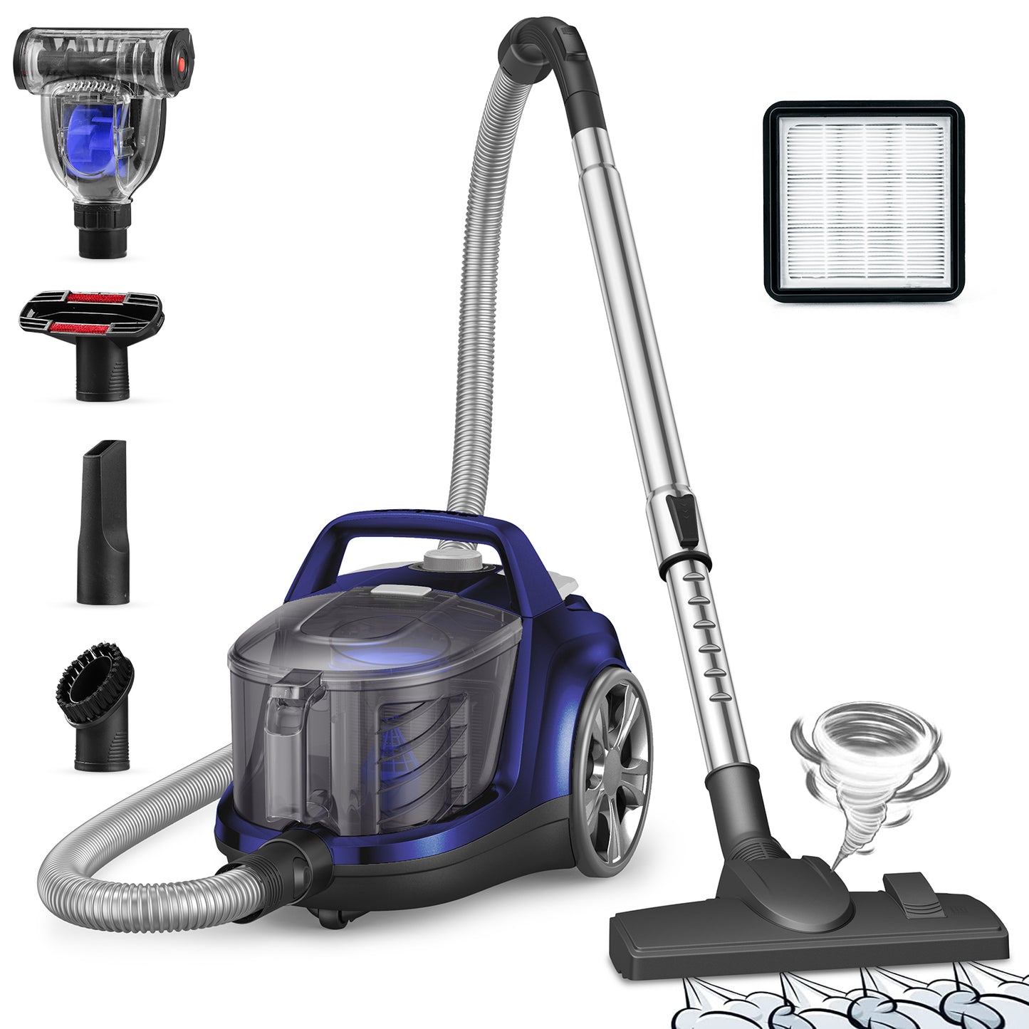HawKam CA006 Canister Vacuum, Upgraded Bagless Canister Vacuum Cleaner, Auto Cord Rewind, H13 HEPA Filter, 4Qt Large Capacity, 5 Tools for Hard Floors, Carpet, Pet, Upholstery, Tiles, Tangerine