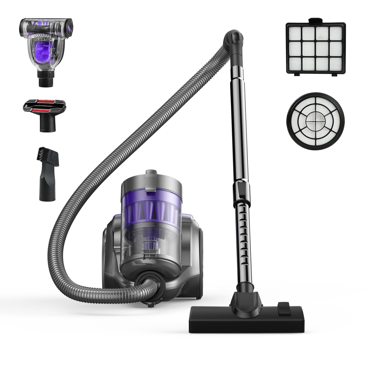 HawKam CA033 Canister Vacuum Cleaner, Bagless Vacuum Cleaner, Multi-Cyclonic Filtration, 2 Anti-Allergen HEPA Filters, 3.5QT Dust Cup, 4 Tools, Corded Vacuum for Hard Floor, Pet Hair, Wisteria