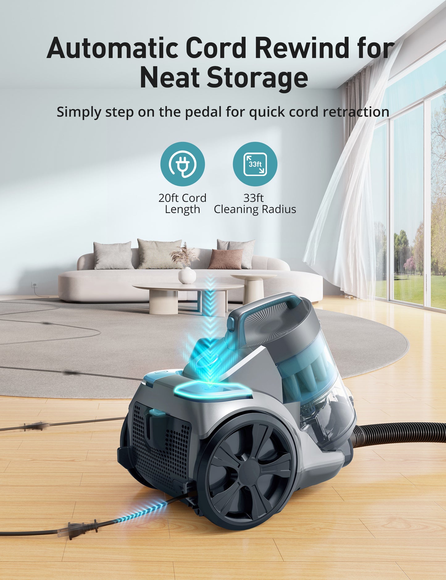 HawKam CA033 Canister Vacuum Cleaner, Bagless Vacuum Cleaner, Multi-Cyclonic Filtration, 2 Anti-Allergen HEPA Filters, 3.5QT Dust Cup, 4 Tools, Corded Vacuum for Hard Floor, Pet Hair, Wisteria