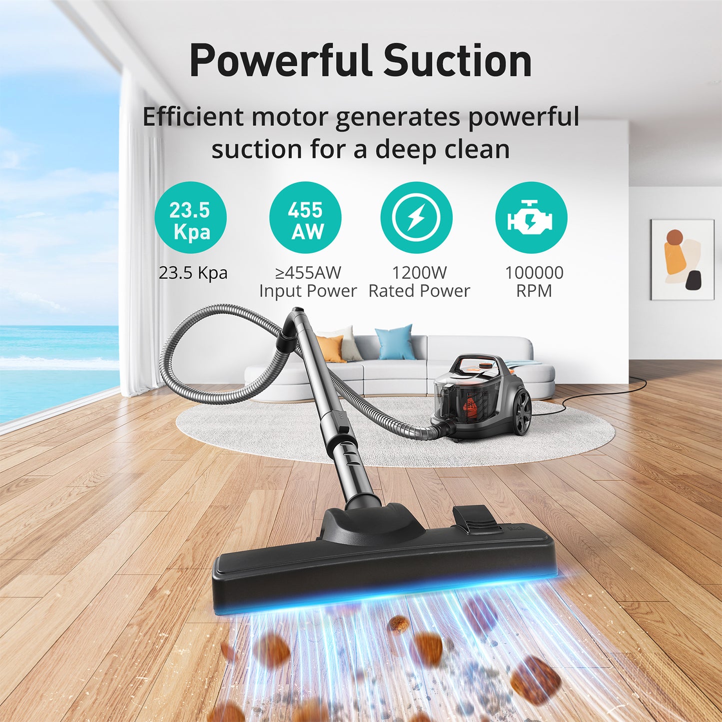 HawKam CA006 Canister Vacuum, Upgraded Bagless Canister Vacuum Cleaner, Auto Cord Rewind, H13 HEPA Filter, 4Qt Large Capacity, 5 Tools for Hard Floors, Carpet, Pet, Upholstery, Tiles, Tangerine