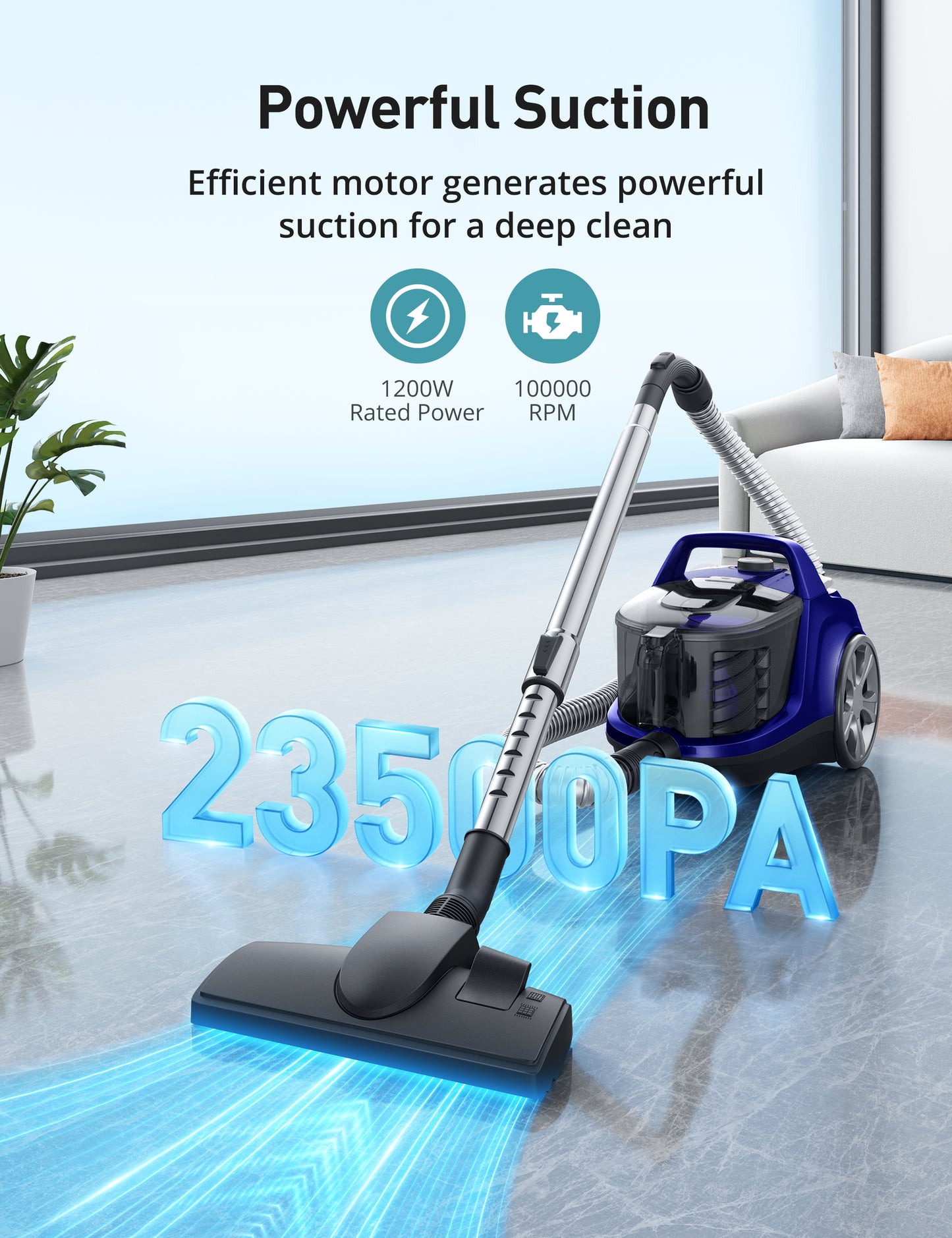 HawKam CA006 Canister Vacuum, Upgraded Bagless Canister Vacuum Cleaner, Auto Cord Rewind, H13 HEPA Filter, 4Qt Large Capacity, 5 Tools for Hard Floors, Carpet, Pet, Upholstery, Tiles, Tangerine