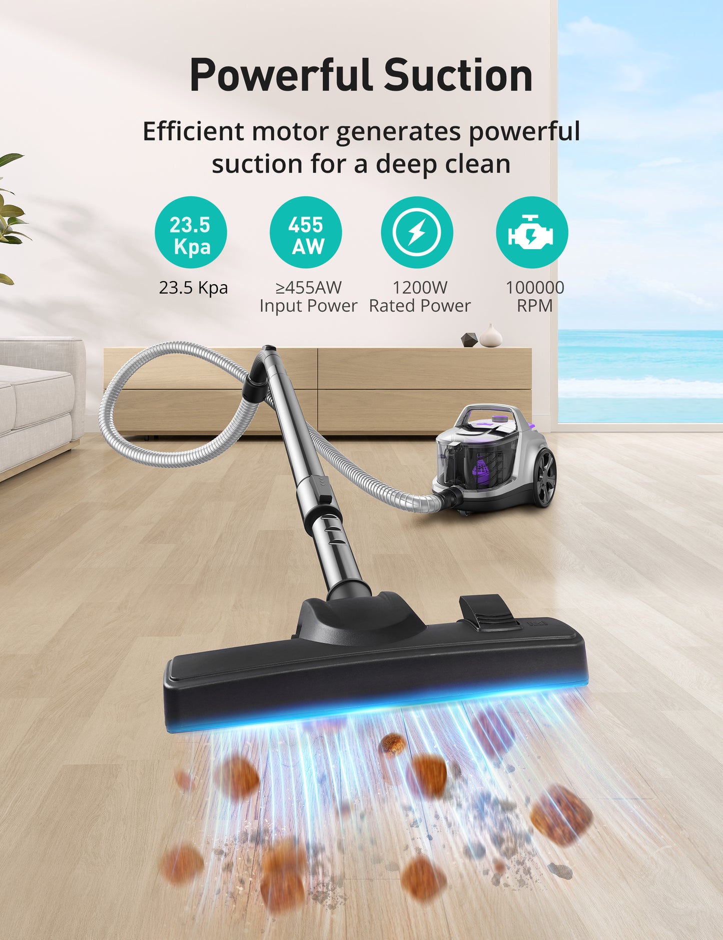 HawKam CA006 Canister Vacuum, Upgraded Bagless Canister Vacuum Cleaner, Auto Cord Rewind, H13 HEPA Filter, 4Qt Large Capacity, 5 Tools for Hard Floors, Carpet, Pet, Upholstery, Tiles, Tangerine