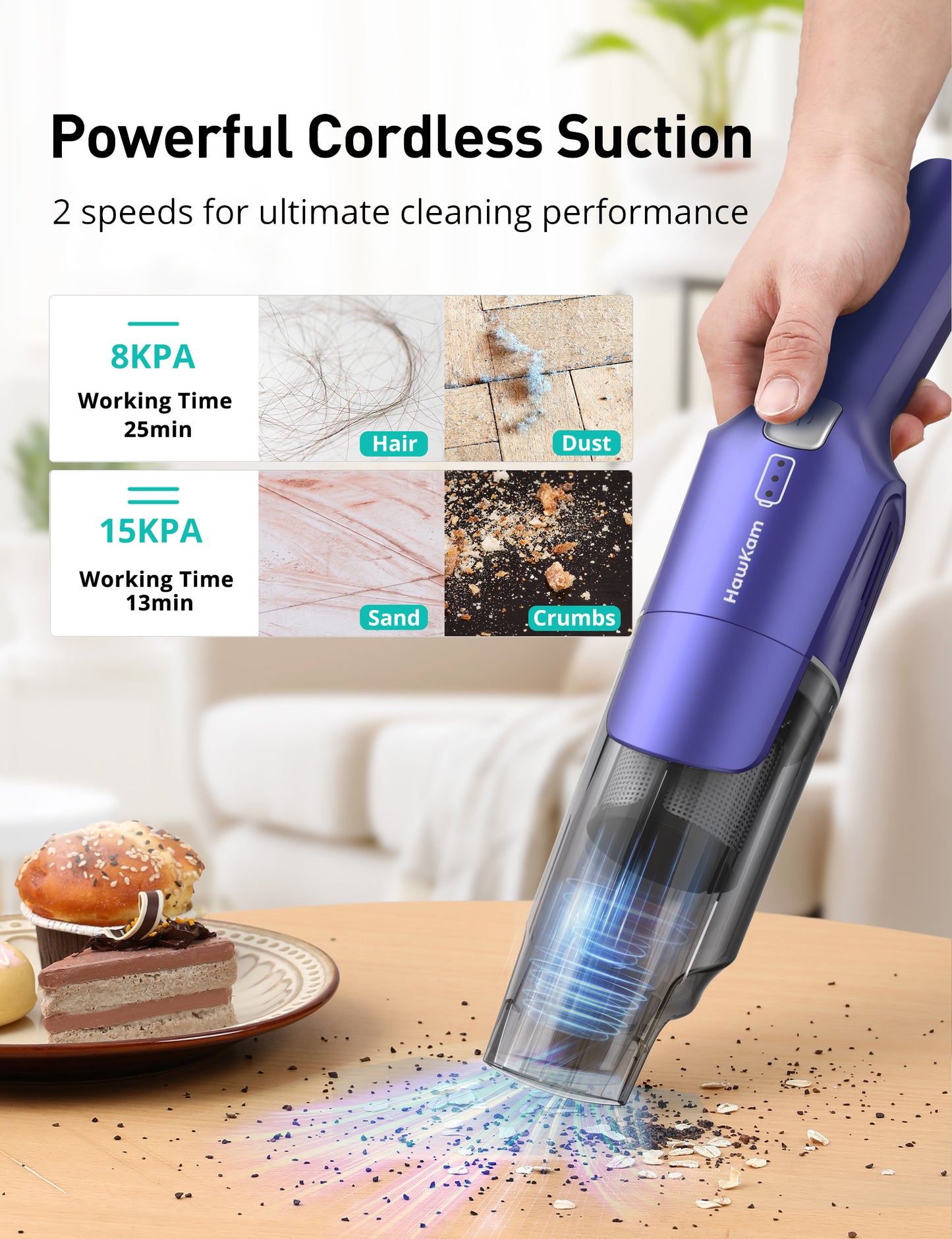 HawKam CA038 Handheld Vacuum Cordless, 24KPA Powerful, Rechargeable, Charging Dock, Ergonomic Handle, 2-in-1 Crevice Tool, 1.8lb Portable Vacuum Cleaner with 2-Speed for Car, Portable Car & Pet Hair Vacuum
