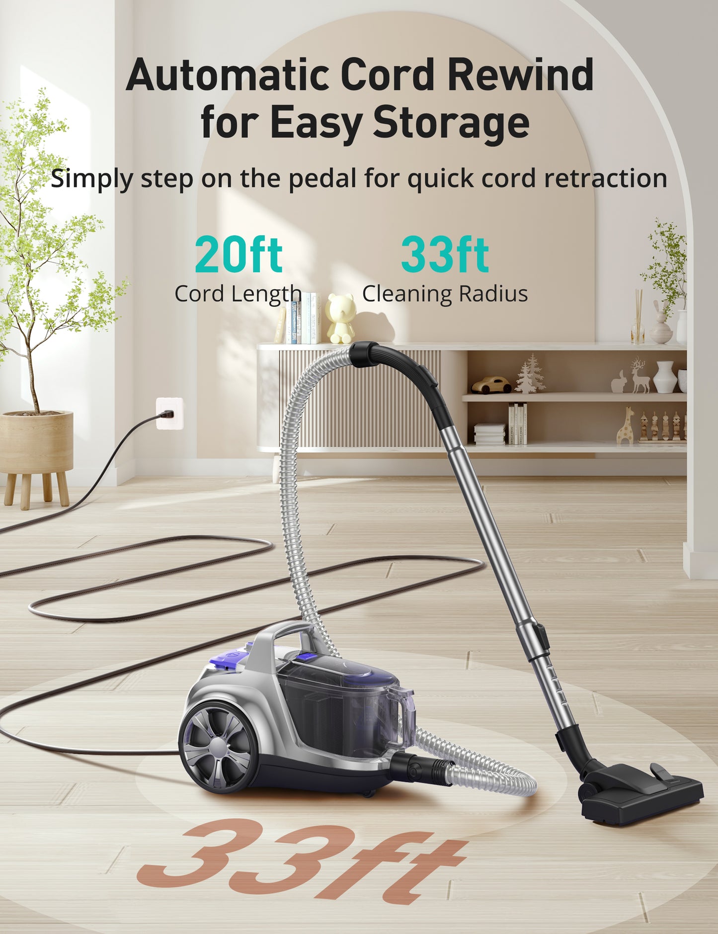 HawKam CA006 Canister Vacuum, Upgraded Bagless Canister Vacuum Cleaner, Auto Cord Rewind, H13 HEPA Filter, 4Qt Large Capacity, 5 Tools for Hard Floors, Carpet, Pet, Upholstery, Tiles, Tangerine
