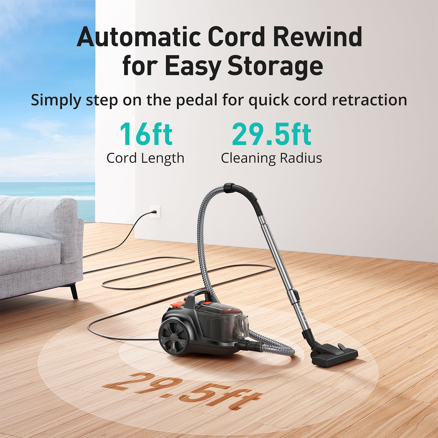 HawKam CA006 Canister Vacuum, Upgraded Bagless Canister Vacuum Cleaner, Auto Cord Rewind, H13 HEPA Filter, 4Qt Large Capacity, 5 Tools for Hard Floors, Carpet, Pet, Upholstery, Tiles, Tangerine