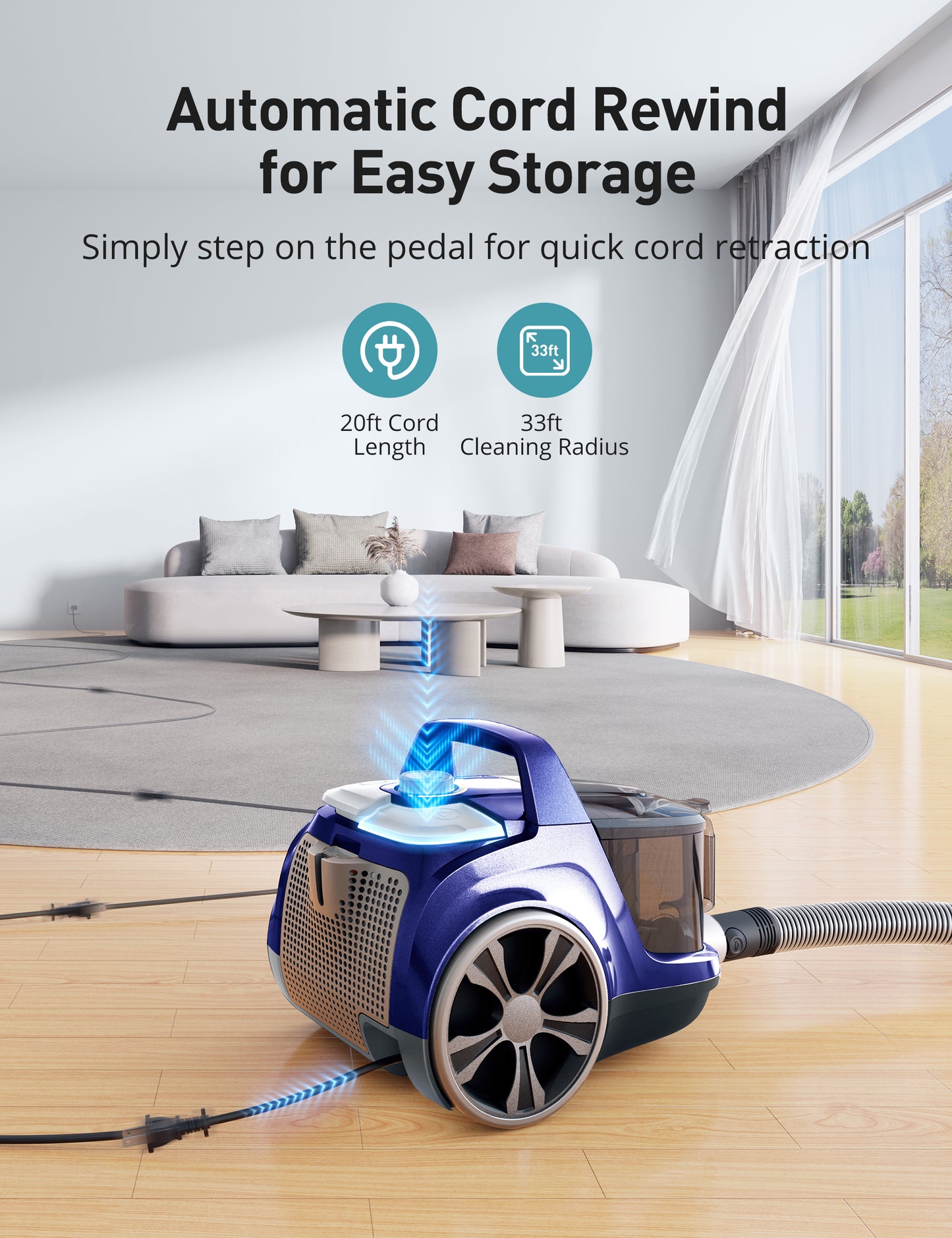 HawKam CA006 Canister Vacuum, Upgraded Bagless Canister Vacuum Cleaner, Auto Cord Rewind, H13 HEPA Filter, 4Qt Large Capacity, 5 Tools for Hard Floors, Carpet, Pet, Upholstery, Tiles, Tangerine