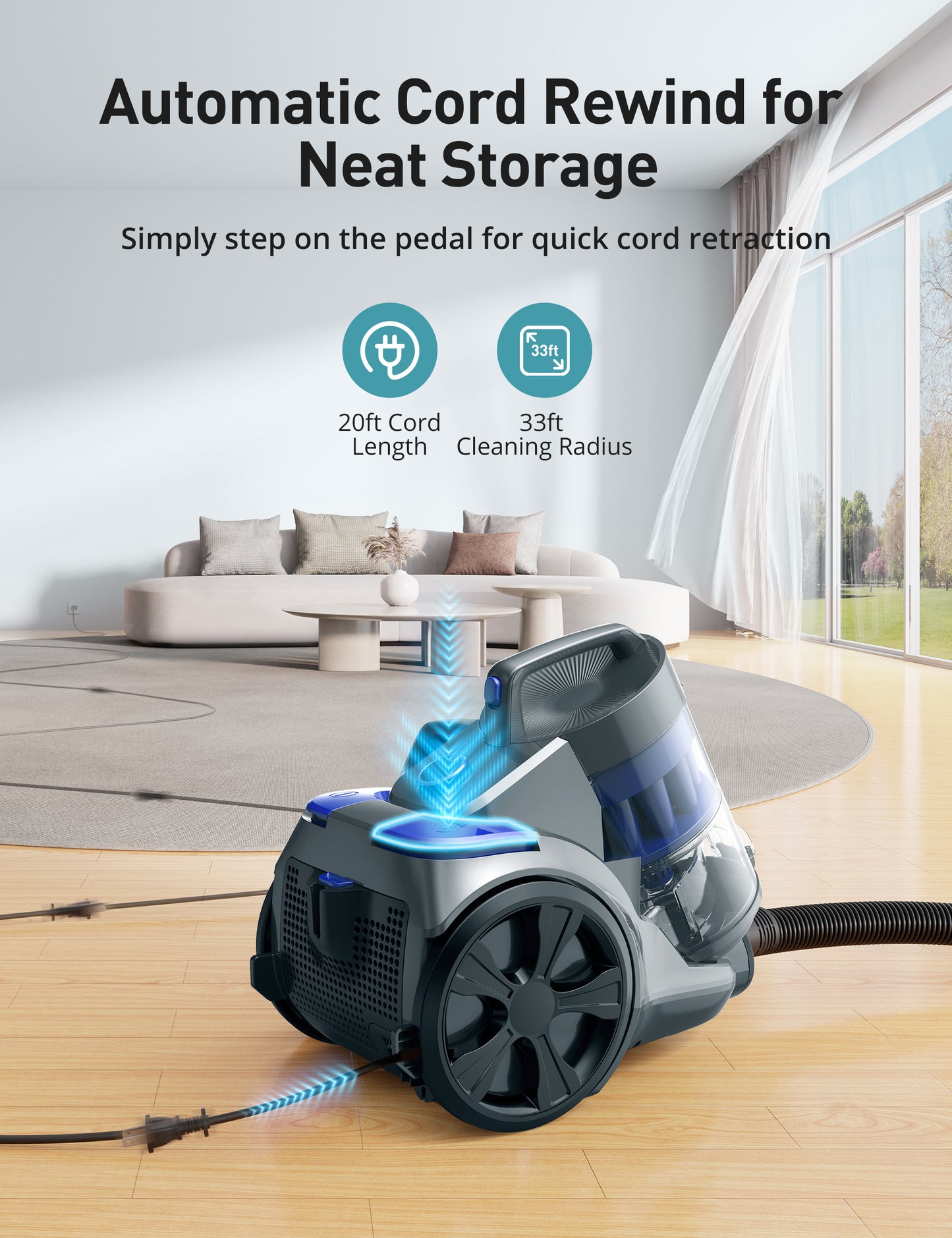HawKam CA033 Canister Vacuum Cleaner, Bagless Vacuum Cleaner, Multi-Cyclonic Filtration, 2 Anti-Allergen HEPA Filters, 3.5QT Dust Cup, 4 Tools, Corded Vacuum for Hard Floor, Pet Hair, Wisteria