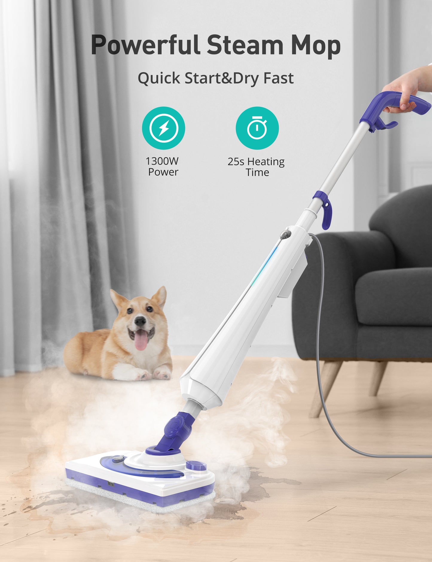 HawKam CA044 Professional Steam Mop Cleaner, 1300W Floor Steamer with Detergent Chamber, 25S Heat Up, Lightweight Steamer for Cleaning with 2 Washable Pads, Safe for Tiles, Upholstery, Carpet, Hardwood, Blue