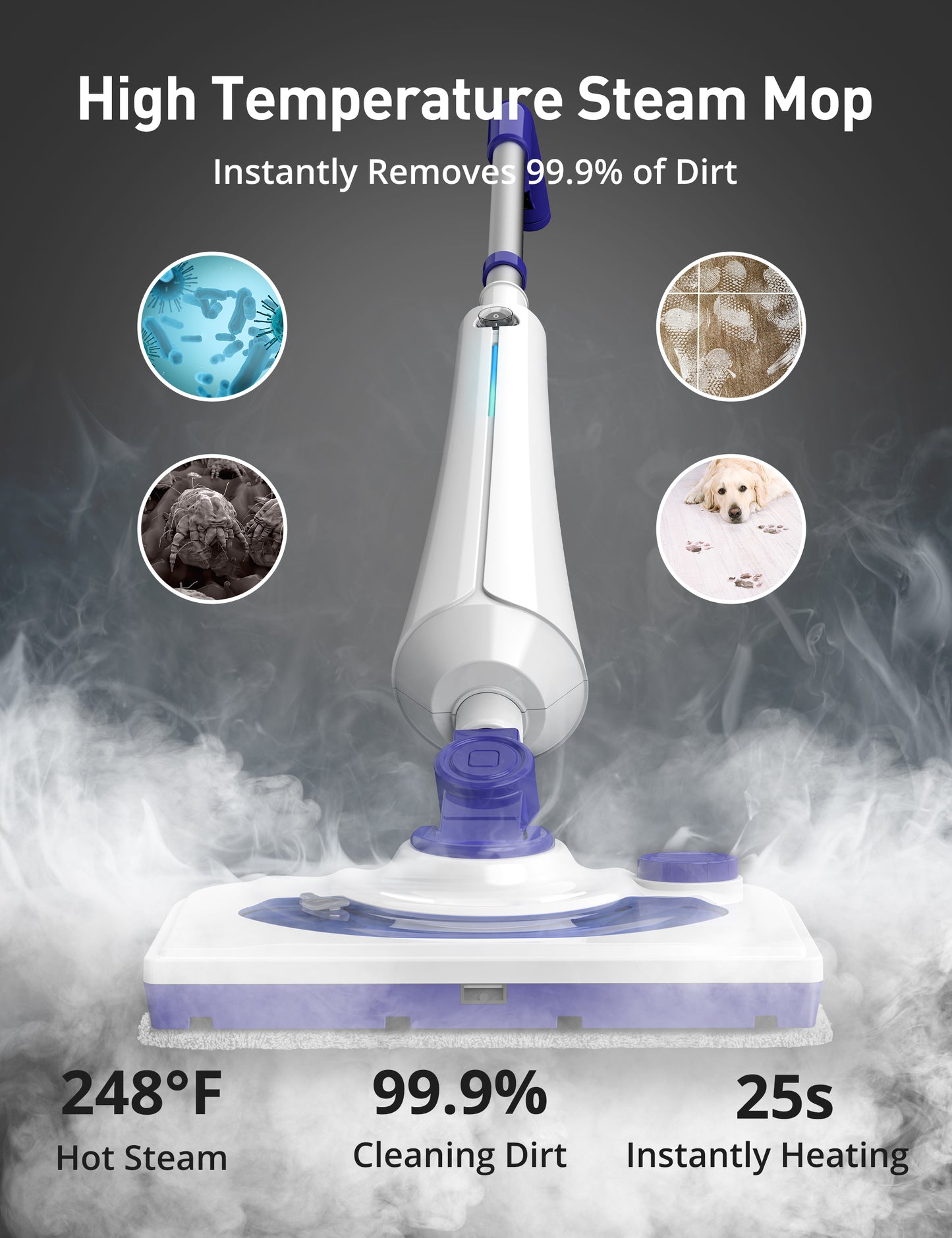 HawKam CA044 Professional Steam Mop Cleaner, 1300W Floor Steamer with Detergent Chamber, 25S Heat Up, Lightweight Steamer for Cleaning with 2 Washable Pads, Safe for Tiles, Upholstery, Carpet, Hardwood, Blue