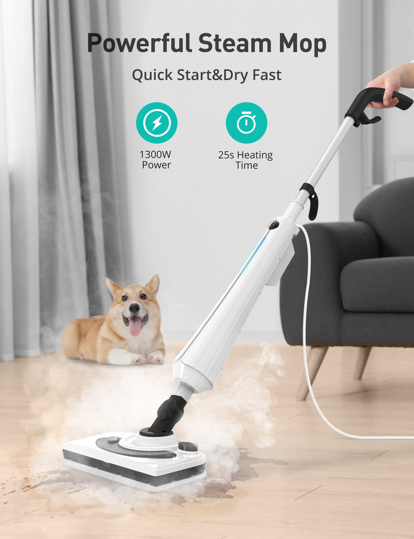 Professional Steam Mop Cleaner, 1300W Floor Steamer with Detergent Chamber, 25S Heat Up, Lightweight Steamer for Cleaning with 2 Washable Pads, Safe for Tiles, Upholstery, Carpet, Hardwood, Blue