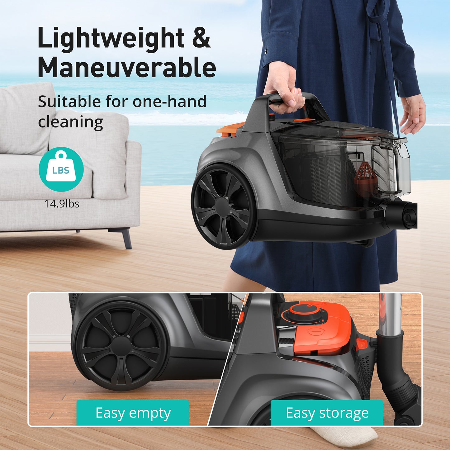 HawKam CA006 Canister Vacuum, Upgraded Bagless Canister Vacuum Cleaner, Auto Cord Rewind, H13 HEPA Filter, 4Qt Large Capacity, 5 Tools for Hard Floors, Carpet, Pet, Upholstery, Tiles, Tangerine