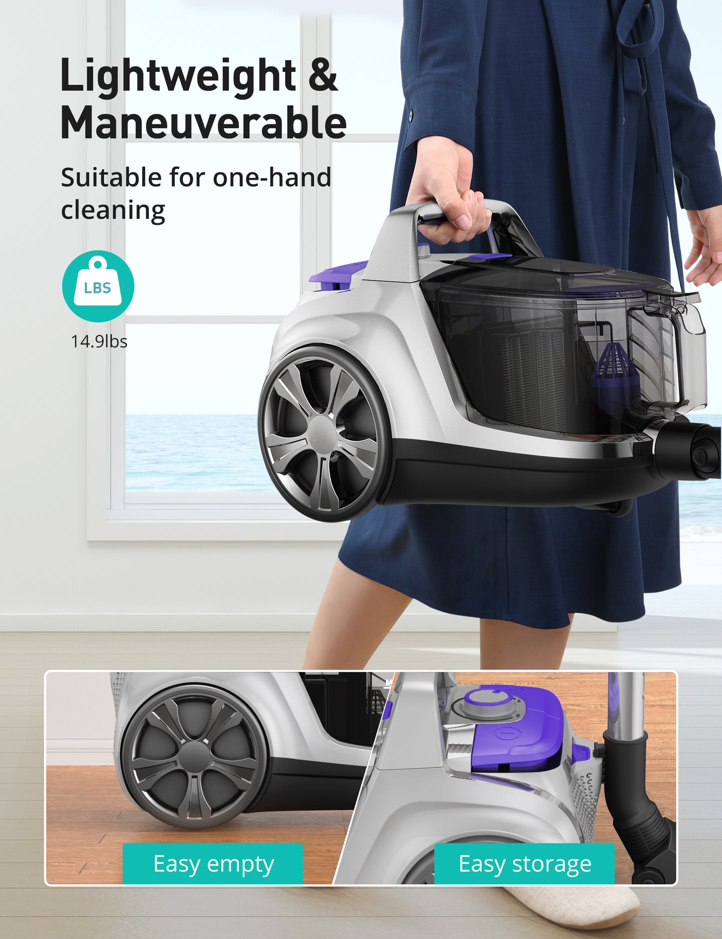 HawKam CA006 Canister Vacuum, Upgraded Bagless Canister Vacuum Cleaner, Auto Cord Rewind, H13 HEPA Filter, 4Qt Large Capacity, 5 Tools for Hard Floors, Carpet, Pet, Upholstery, Tiles, Tangerine