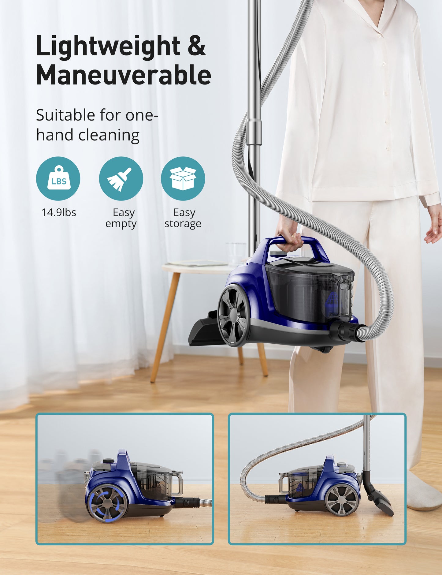 HawKam CA006 Canister Vacuum, Upgraded Bagless Canister Vacuum Cleaner, Auto Cord Rewind, H13 HEPA Filter, 4Qt Large Capacity, 5 Tools for Hard Floors, Carpet, Pet, Upholstery, Tiles, Tangerine