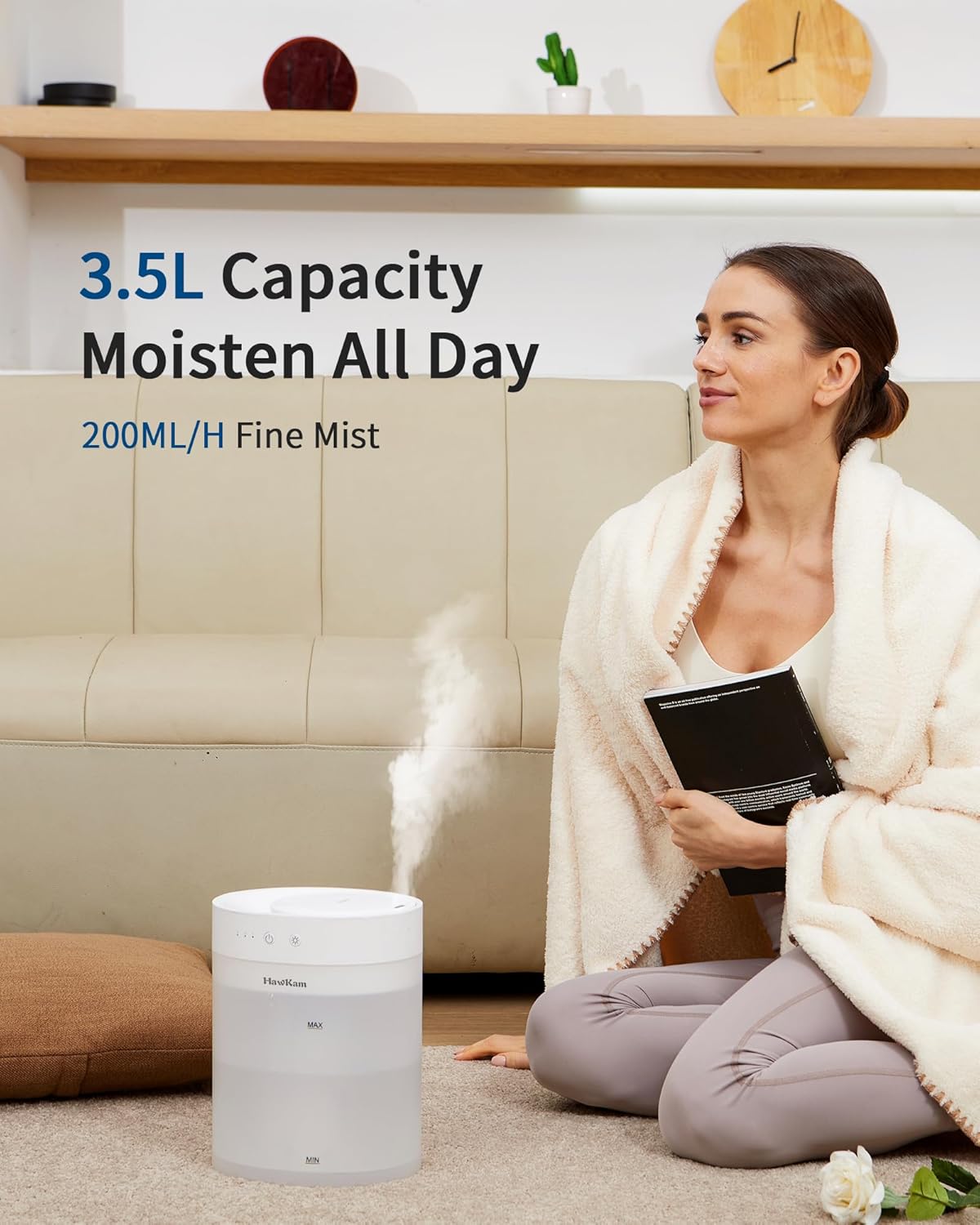 Hawkam 3.5L Cool Mist Humidifiers for Bedroom Auto Shut-off, BPA-Free & 28H Runtime