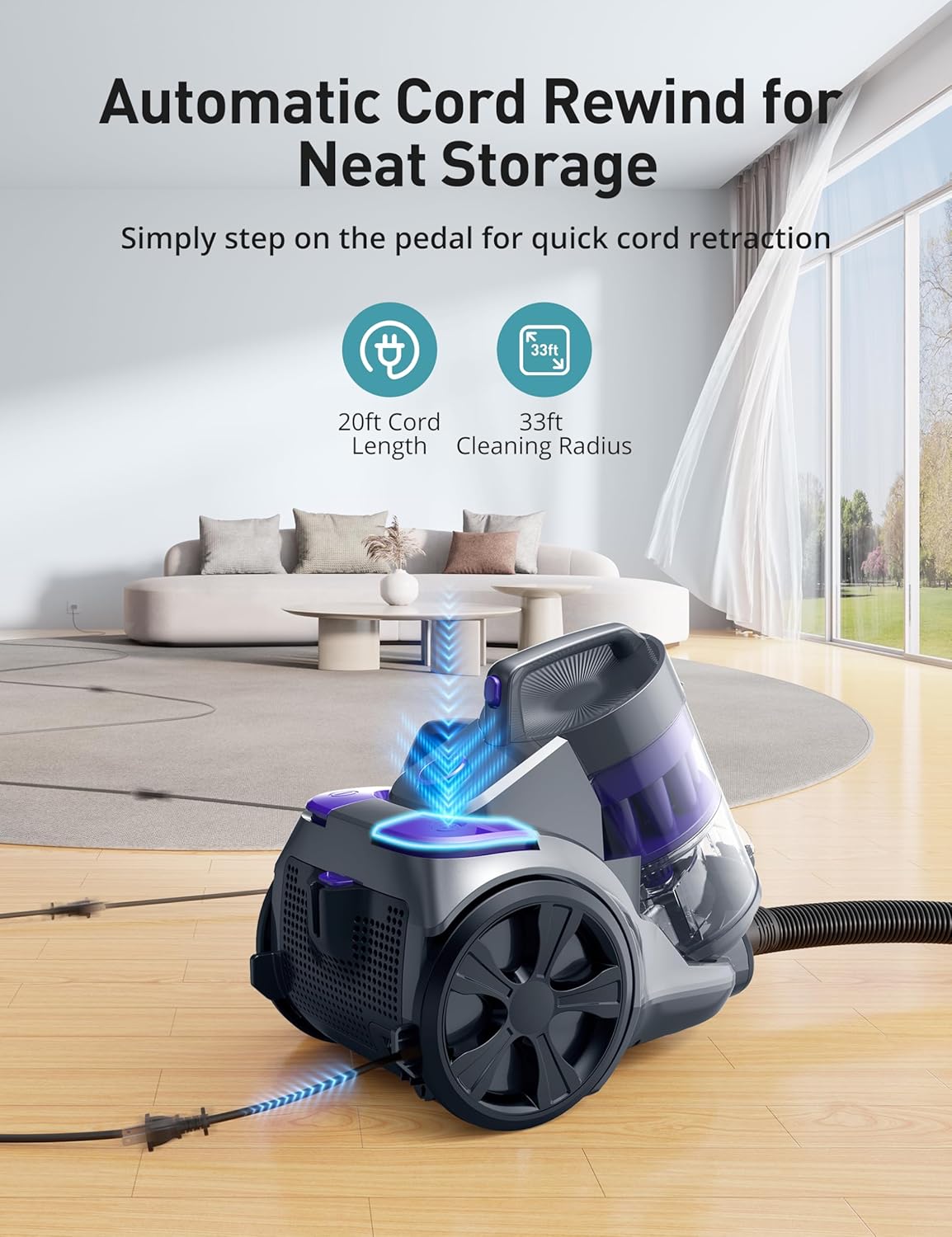 HawKam CA033 Canister Vacuum Cleaner, Bagless Vacuum Cleaner, Multi-Cyclonic Filtration, 2 Anti-Allergen HEPA Filters, 3.5QT Dust Cup, 4 Tools, Corded Vacuum for Hard Floor, Pet Hair, Wisteria