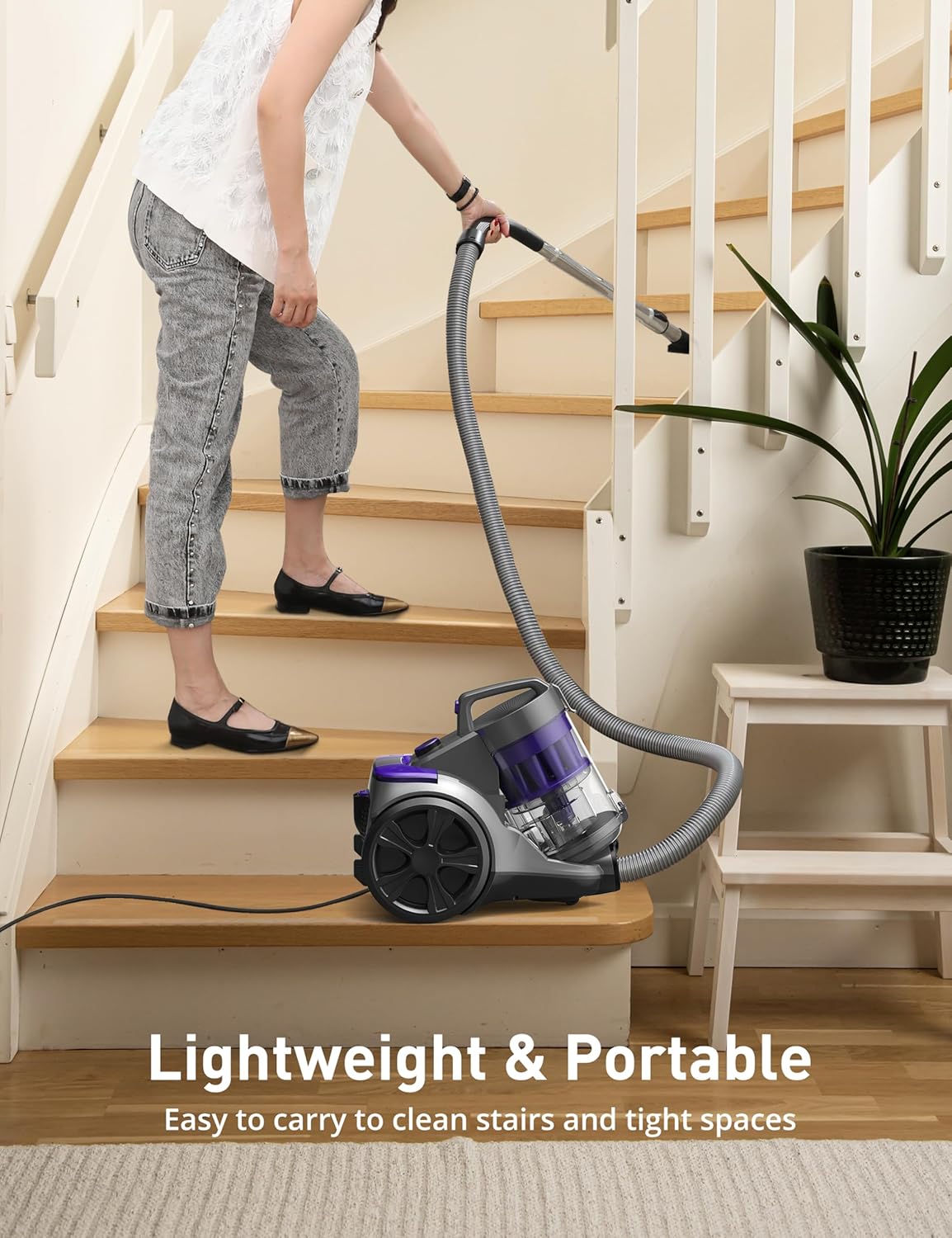 HawKam CA033 Canister Vacuum Cleaner, Bagless Vacuum Cleaner, Multi-Cyclonic Filtration, 2 Anti-Allergen HEPA Filters, 3.5QT Dust Cup, 4 Tools, Corded Vacuum for Hard Floor, Pet Hair, Wisteria