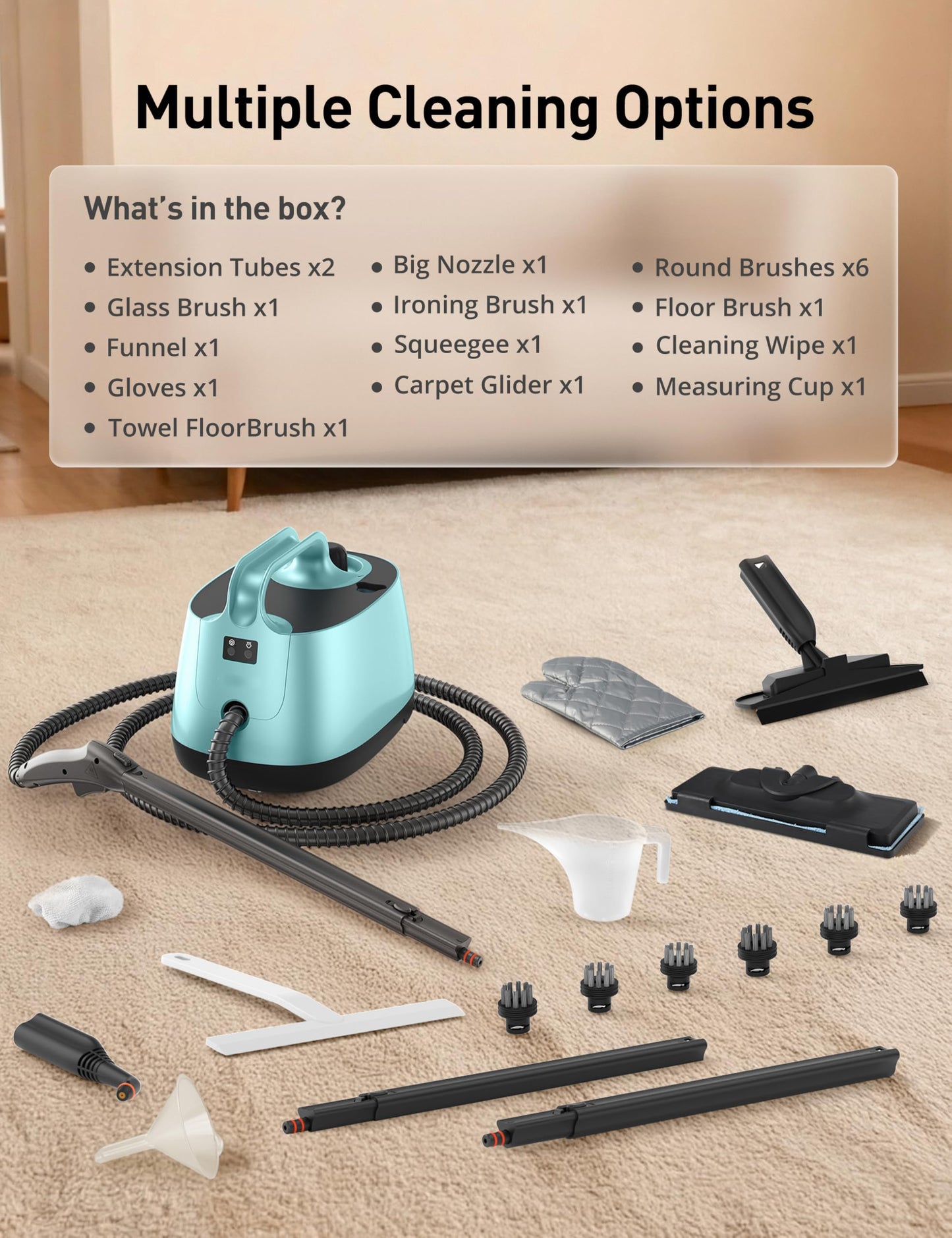 HawKam CA019 Steam Cleaner for Home, 293°F 58 PSI Powerful Multipurpose Handheld Steam Mop, 21 Attachments, 50Oz Capacity, Heavy Duty Steamer for Carpets, Floors, Cars, Tiles, Crack Cleaning, Turquoise