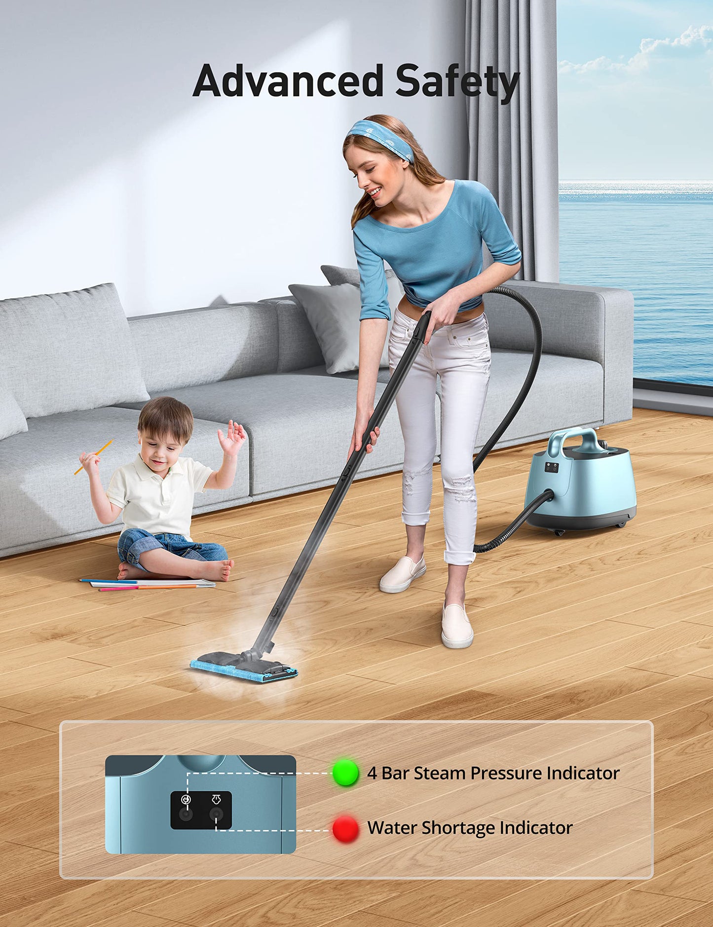 HawKam CA019 Steam Cleaner for Home, 293°F 58 PSI Powerful Multipurpose Handheld Steam Mop, 21 Attachments, 50Oz Capacity, Heavy Duty Steamer for Carpets, Floors, Cars, Tiles, Crack Cleaning, Turquoise